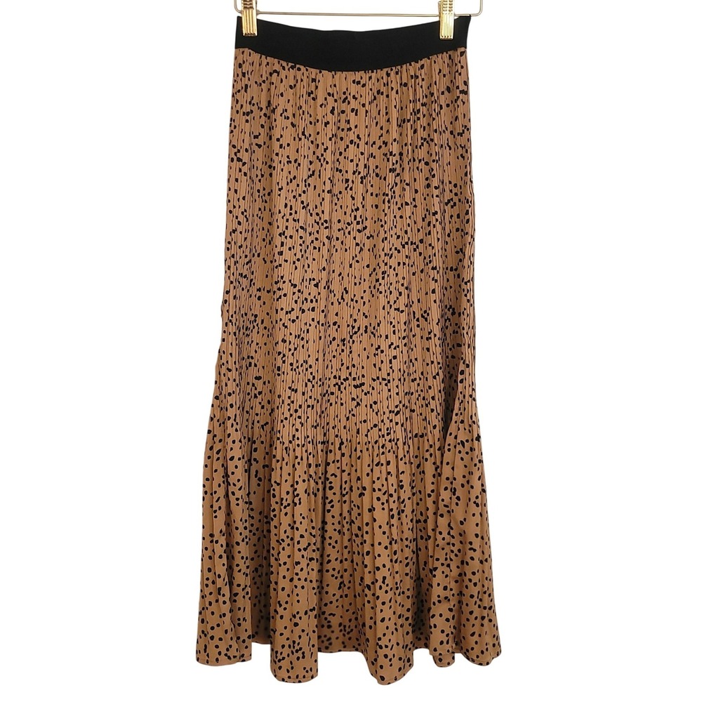 Code Mode Satin Pleated Maxi‎ Skirt XS Leopard Tan Black Abstract Elastic Waist